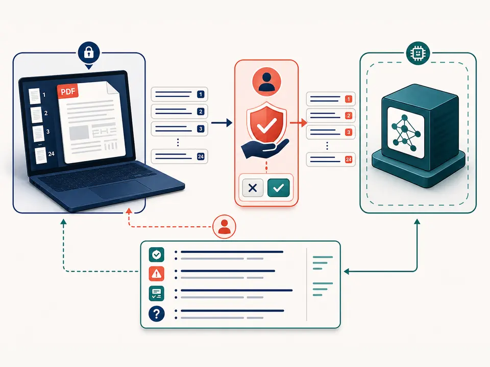 A PDF staying on a local device while reviewed page-marked text passes an approval gate to a configured AI service and returns as Markdown insights