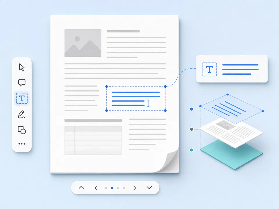 Layered PDF page showing a new blue text note added above unchanged document content
