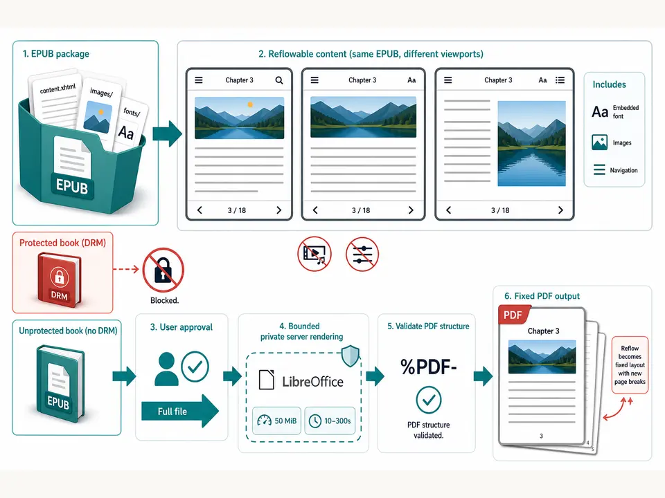One approved unprotected EPUB with chapters and responsive layout passing through a bounded private renderer into validated fixed PDF pages