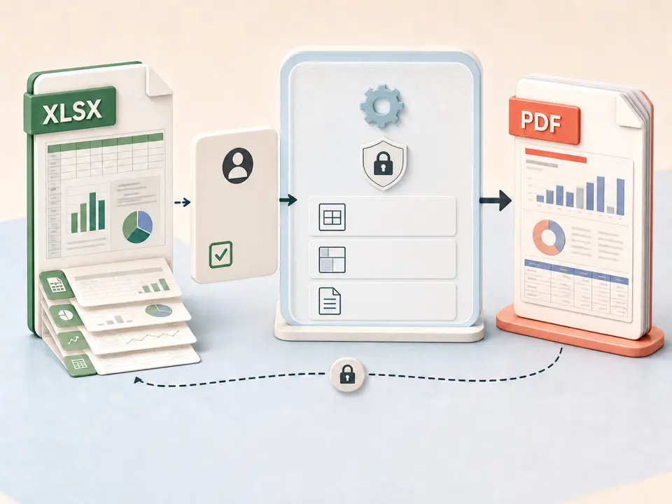 An approved XLSX workbook passing through a secure configured conversion service and returning as a PDF
