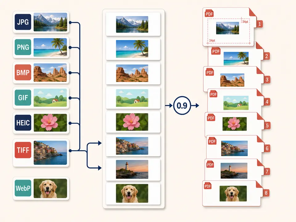 Mixed JPG, PNG, GIF, HEIC, TIFF and WebP images decoding locally into one ordered A4 PDF page stack