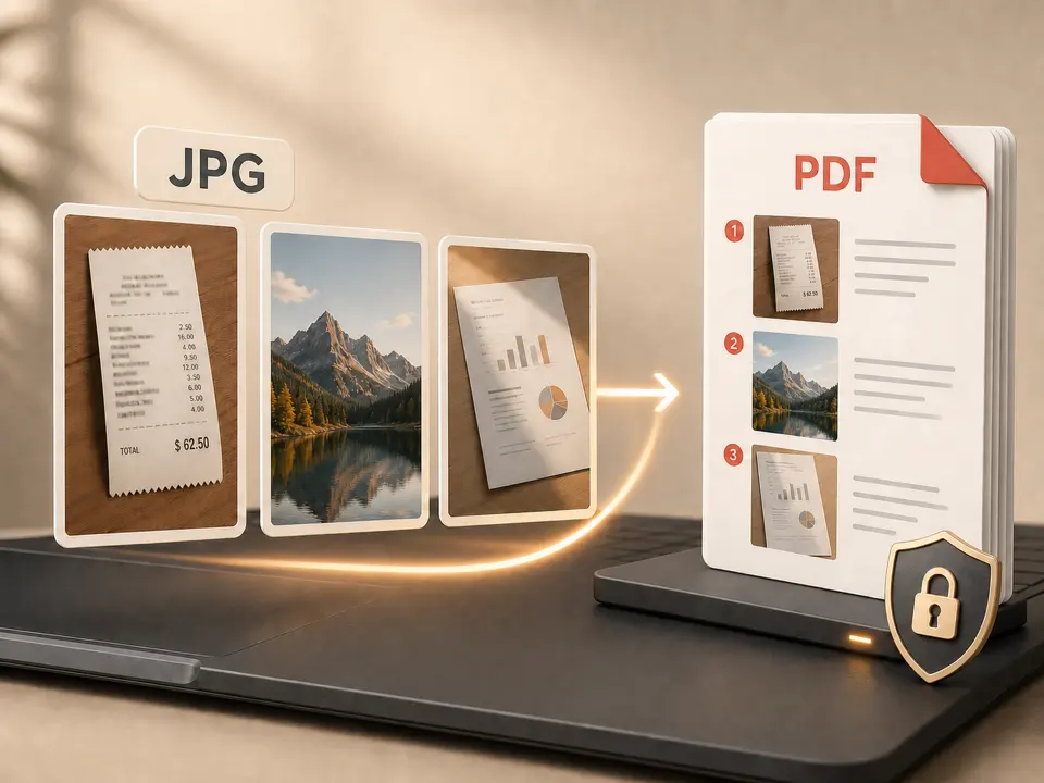 Three JPG photo files becoming one ordered multi-page A4 PDF on a local device