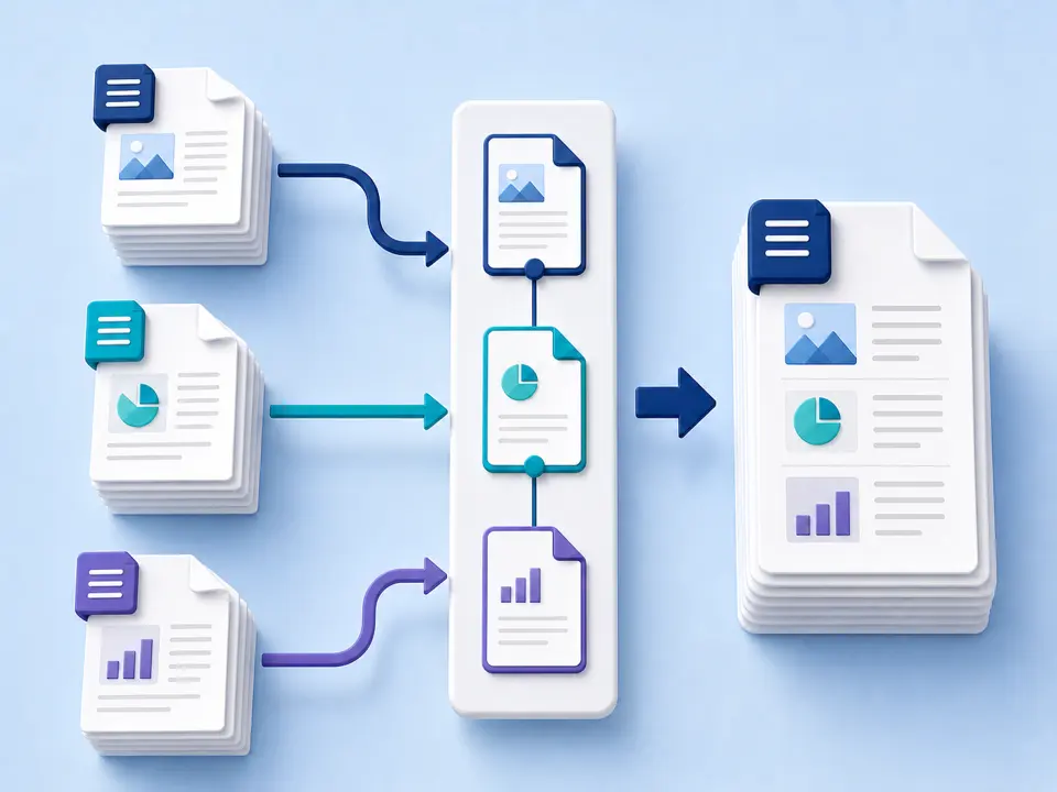 Three PDF document stacks joining in a selected order to create one combined page stack
