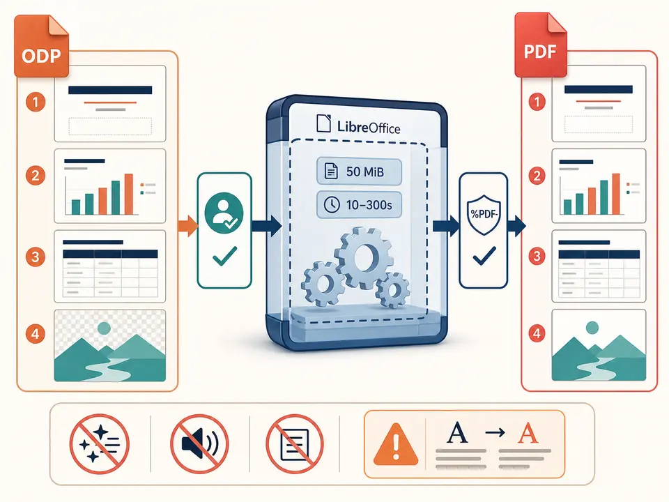 One approved ODP deck with masters, charts and slide objects passing through a bounded private renderer into validated static PDF pages