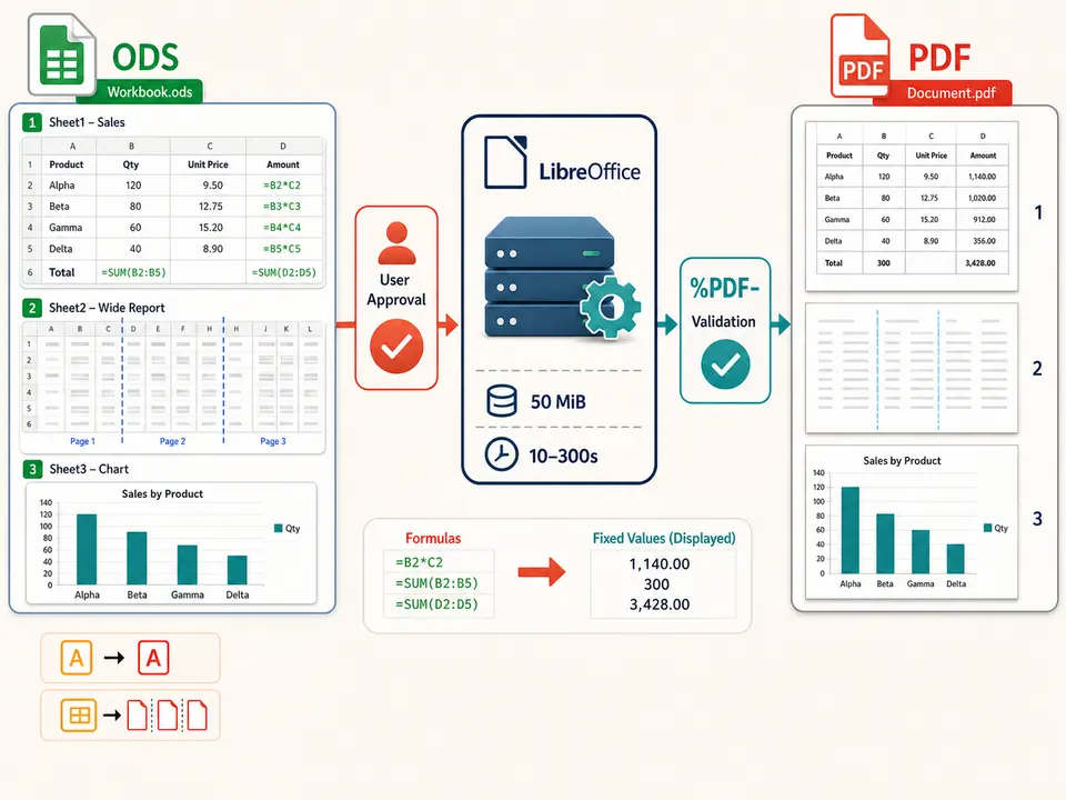 One approved ODS workbook with formulas, print ranges and charts passing through a bounded private renderer into validated static PDF pages