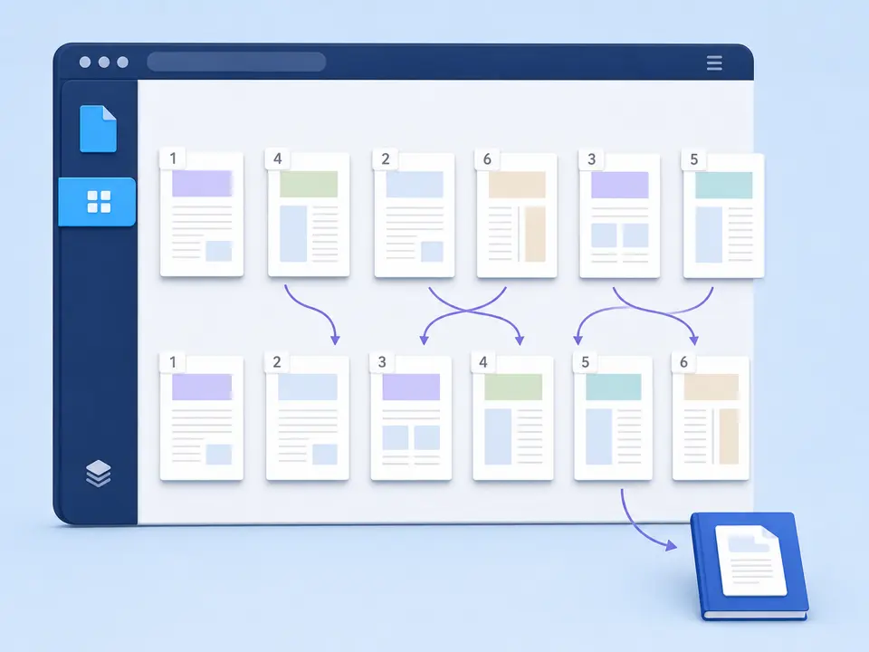 Numbered PDF pages moving from a mixed sequence into one complete ordered stack on the local device