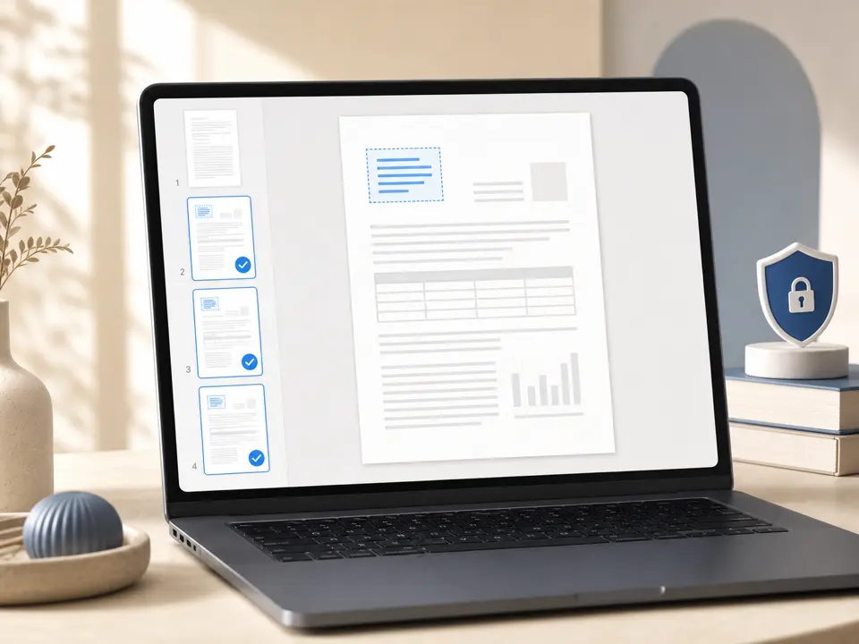 Selected PDF pages receiving one separate blue review note near the upper-left on a local laptop