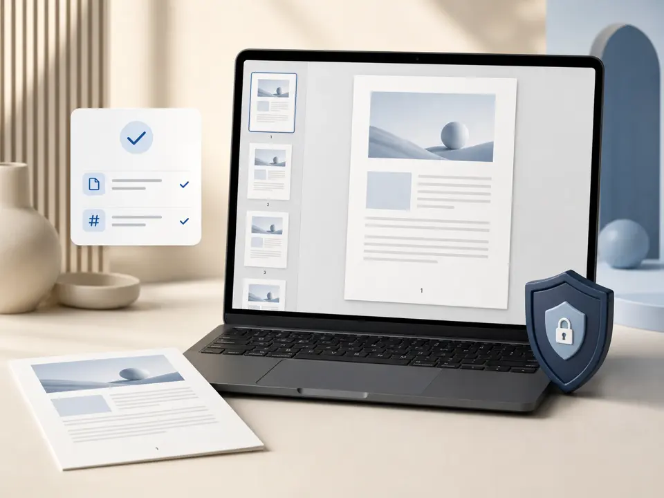 An unchanged PDF opening in a local reader with page thumbnails, validation checks and a privacy shield