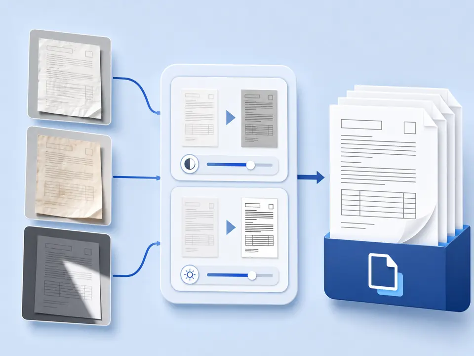 Existing document photos enhanced with grayscale and contrast before multi-page PDF assembly