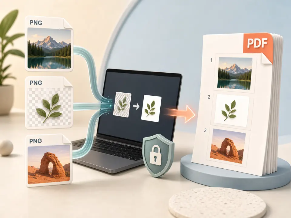 Ordered PNG images becoming separate A4 PDF pages with transparent areas flattened onto white