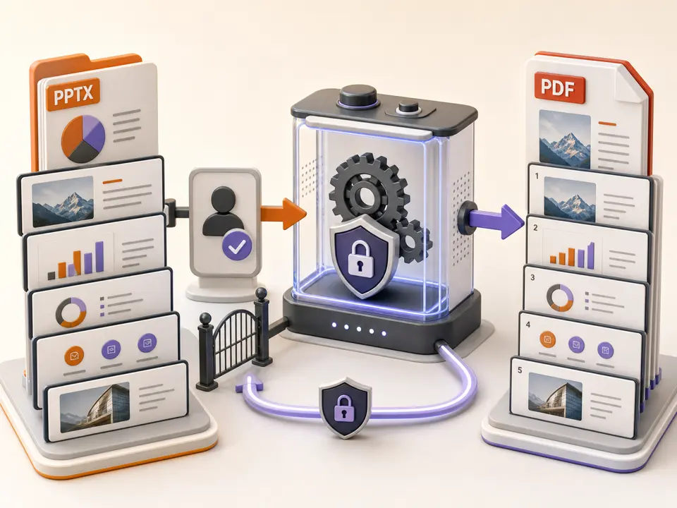An approved PPTX deck passing through a secure configured conversion service into a static paginated PDF