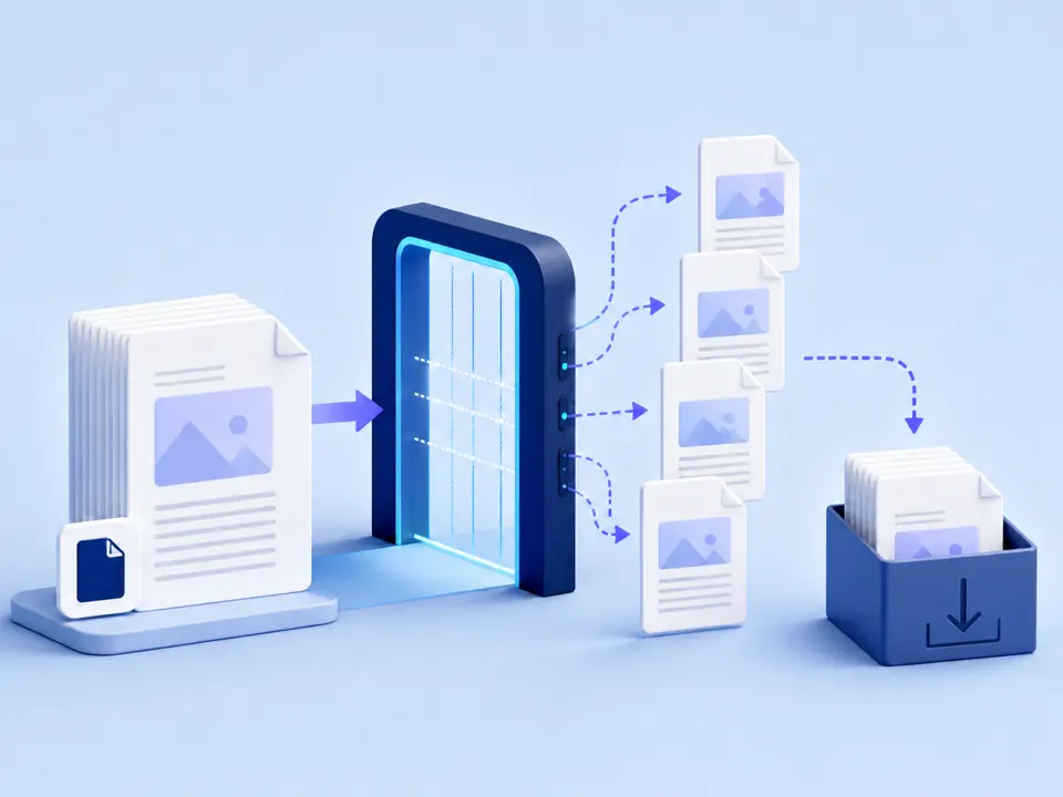 One PDF stack separating into individual page files and a bundled local download