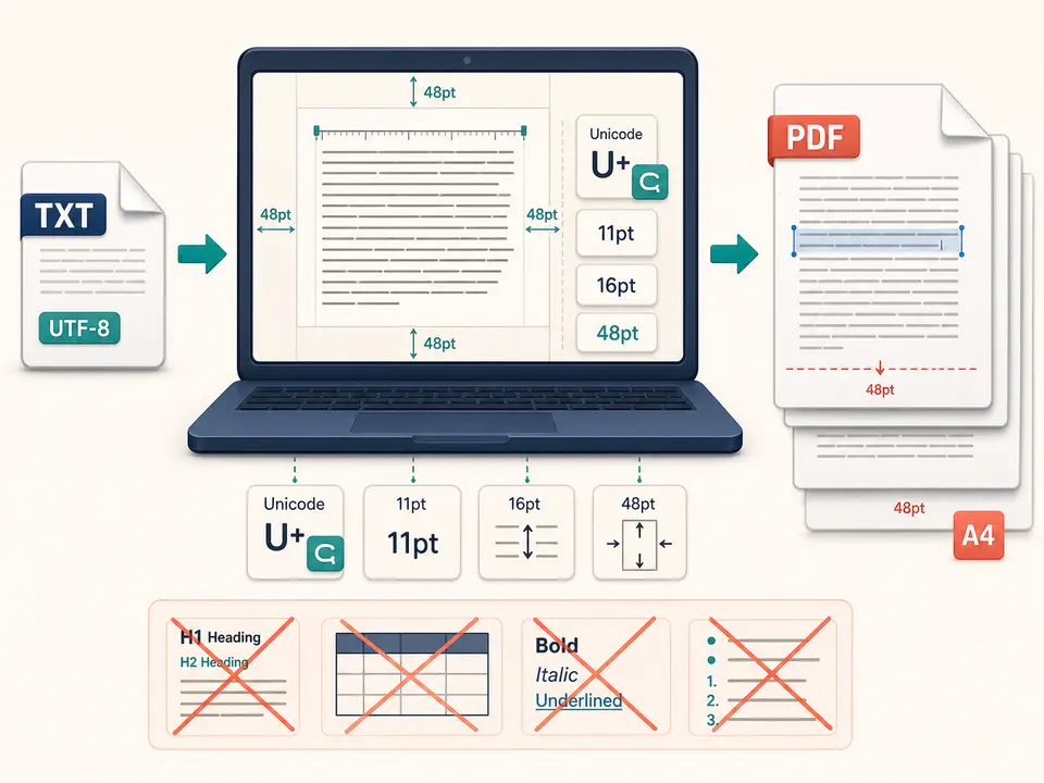 One UTF-8 TXT file being measured and wrapped locally into searchable portrait A4 PDF pages with fixed margins
