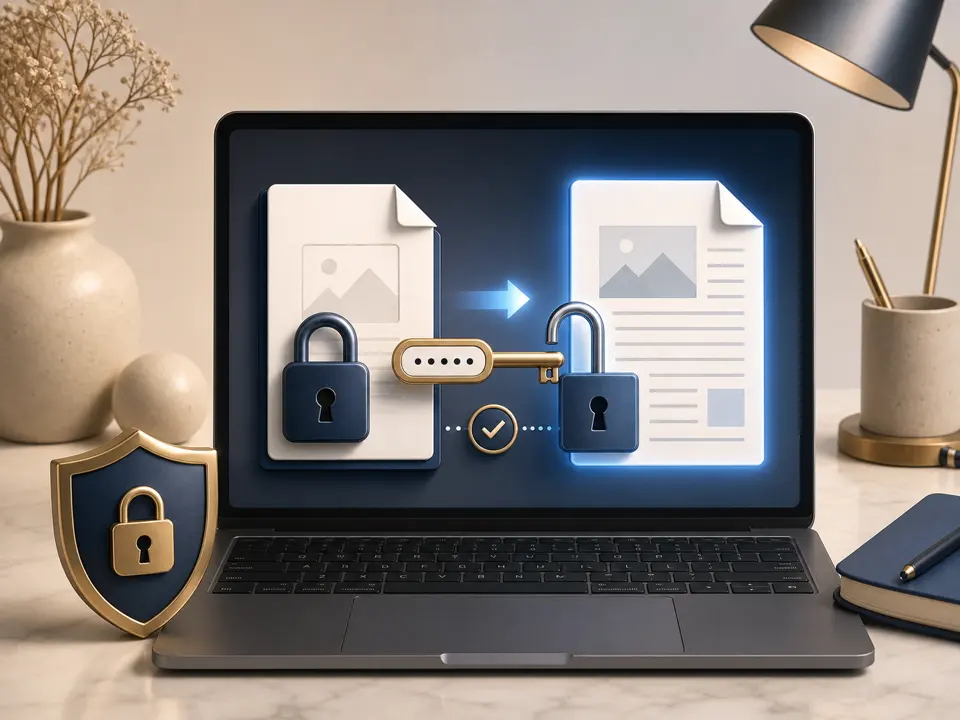 A known password key authenticating and unlocking an authorized PDF locally on a laptop